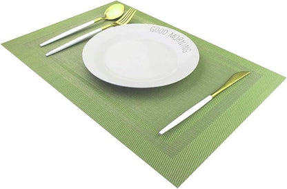 PIGCHCY Heat Insulation Non Slip Plastic Placemats,Washable Easy to Clean Woven Vinyl Kitchen Stain Resistant Placemats for Dining Table Set of 6 (Olive Green)