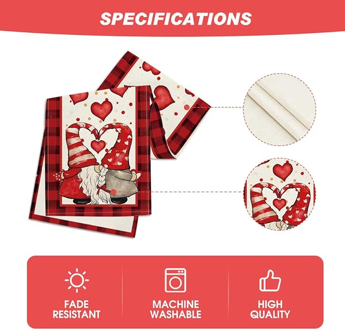 Artoid Mode Red Watercolor Hearts Gnomes Love Valentine's Table Runner, Seasonal Anniversary Wedding HoliKitchen Dining Table Decoration for Indoor Outdoor Home Decor 13 x 90 Inch