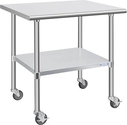Hally Stainless Steel Table for Prep & Work 30 x 36 Inches with Caster Wheels, NSF Commercial Heavy Duty Table with Undershelf and Galvanized Legs for Restaurant, Home and Hotel