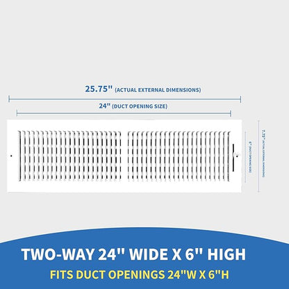 24x6 Vent Register [Duct Opening], Vent Covers for Home Ceiling, Two-Way Ventilation Register, Adjustable Solid Steel Wall Register Vent Cover (24"W x6"H [Duct Opening])