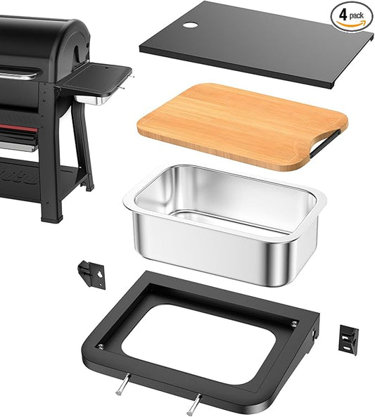 Utheer Grill Side Table Shelf for Weber Searwood 600/600XL – Foldable BBQ Prep Station with Works Cutting Board, Stainless Steel Basin, Lid & Hooks, Side Table for Weber Searwood 600 Accessories