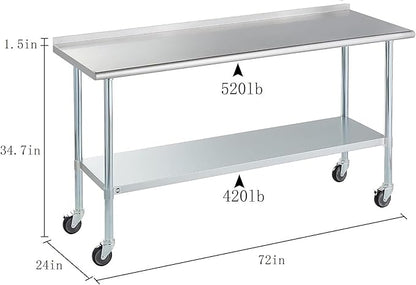 Stainless Steel Table for Prep & Work with Caster & Backsplash 24x72 Inches, NSF Metal Commercial Kitchen Heavy Duty Table with Adjustable Under Shelf and Table Foot for Restaurant, Home and Hotel