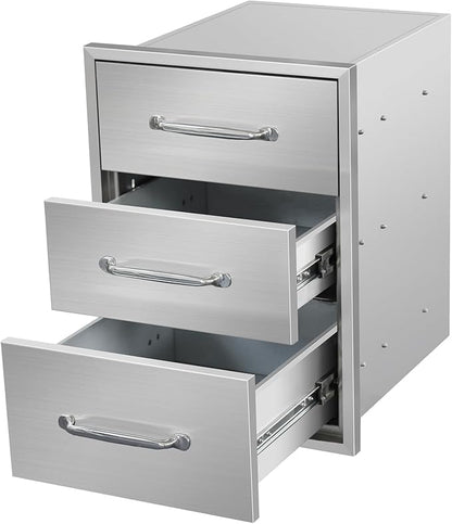 Outdoor Kitchen Drawers 16" W x 21" H x 23" D Flush Mount Triple BBQ Drawers with Chrome Handle Stainless Steel Drawer for Outdoor Kitchen Island, Patio Grill Station