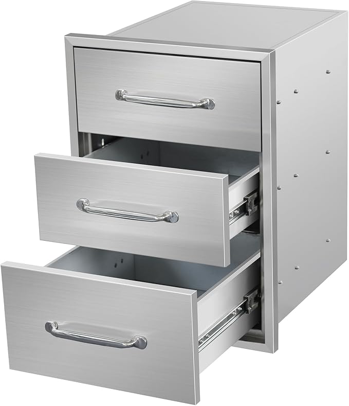 Outdoor Kitchen Drawers 15.7" W x 21.6" H x 17.7" D Flush Mount Triple BBQ Drawers with Chrome Handle Stainless Steel Drawer for Outdoor Kitchen Island, Patio Grill Station