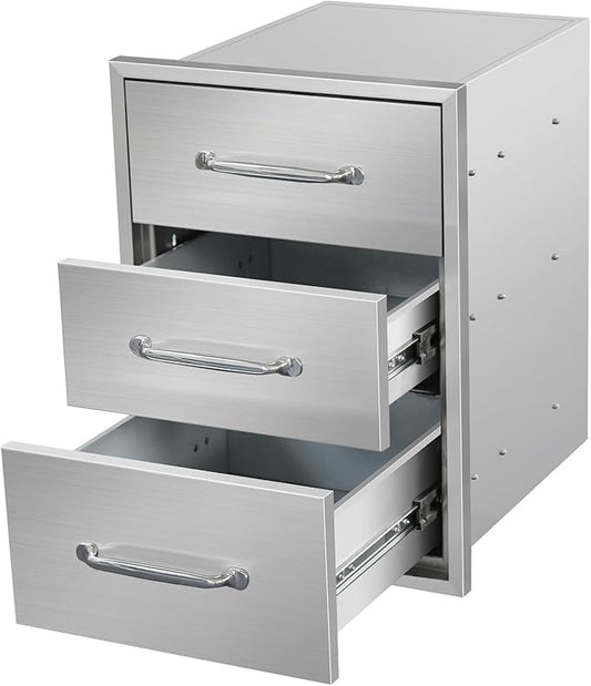 Outdoor Kitchen Drawers 15.7" W x 21.6" H x 17.7" D Flush Mount Triple BBQ Drawers with Chrome Handle Stainless Steel Drawer for Outdoor Kitchen Island, Patio Grill Station