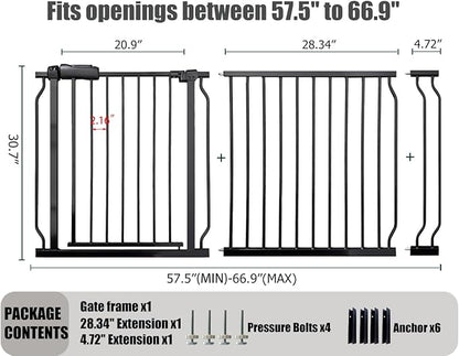 Extra Wide Baby Gate 62-67 Inch, Pressure Mounted Safety Child & Pet Gate - Black Metal - Large Walk Through - Long - for House Doorways & Stairs, 30 Inch Tall