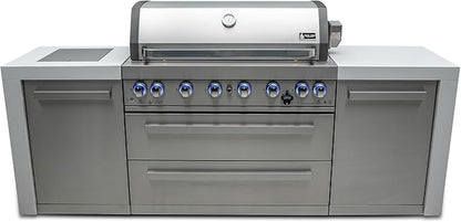 Mont Alpi 805 MAi805-D 6-Burner 115000 BTU Stainless Steel Outdoor Kitchen Island BBQ Gas Grill + 2 Infrared Side Burners Granite Countertops, Storage Drawers & Cabinets, Rotisserie Kit, Weather Cover