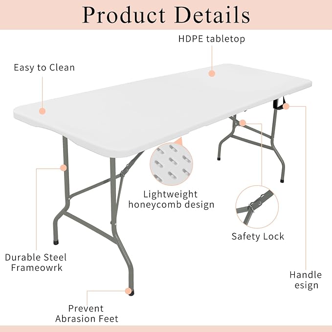 Folding Tables with Carrying Handle Lightweight Rectangular Portable Plastic Camping Table Steel Legs for Party, Dining, Wedding, Events, Picnic Indoor, Outdoor (5FT, White)