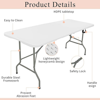 Set of 2 Folding Tables with Carrying Handle Lightweight Rectangular Portable Plastic Camping Table Steel Legs for Party, Dining, Wedding, Events, Picnic Indoor, Outdoor (5.85FT, White)