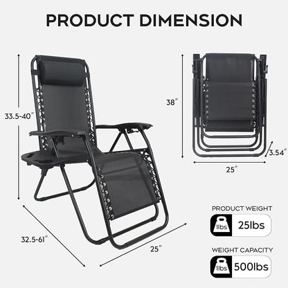 Set of 2 Adjustable Zero Gravity Lounge Chairs Outdoor Recliner w/Cup Holder - Image 3