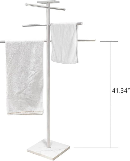 Marble Base Hot Tub Towel Rack for Spa, 304 Stainless Steel 6 Arms Standing Towel Holder with Tray for Swimming Pool Indoor or Outdoor Towel Sheet Drying Rack Brushed Nickel