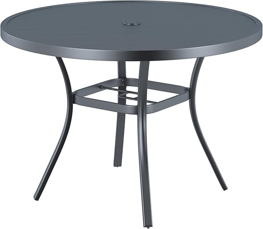 VICLLAX Round Patio Dining Table, 41 inch Metal Outdoor Dining Table with Umbrella Hole for Garden Lawn Balcony Deck, Dark Grey