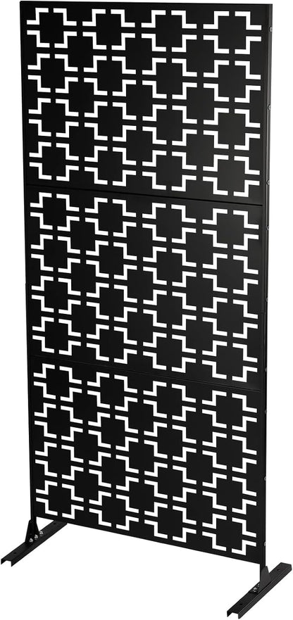 Outdoor Metal Privacy Screen with Stand, 35.4" W x 75" H Freestanding Metal Slatted Decorative Privacy Screen and Panels for Patio Garden Balcony Porch (Black B)