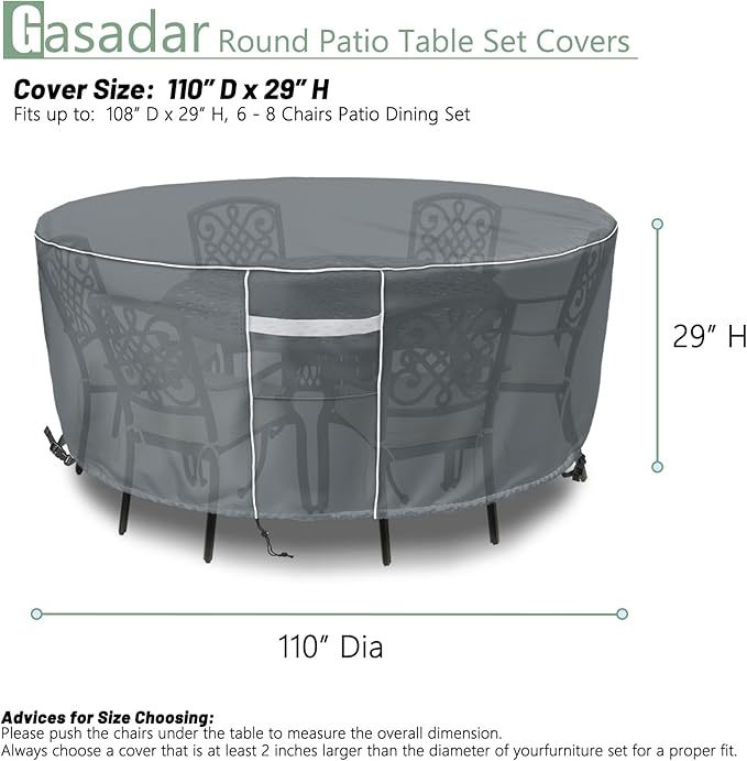 Gasadar Round Patio Furniture Cover, Waterproof Outdoor Furniture Covers for Round Table and Chairs, 600D Heavy Duty, 110" Dia x 28" H, Grey