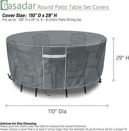 Gasadar Round Patio Furniture Cover, Waterproof Outdoor Furniture Covers for Round Table and Chairs, 600D Heavy Duty, 110" Dia x 28" H, Grey