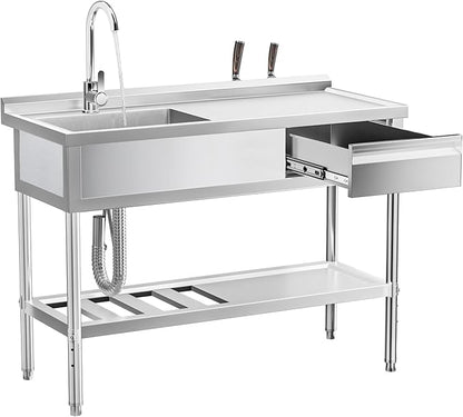 WOEDEN 47" 304 Stainless Steel Utility Sink, Free-Standing Commercial Sink with Workbench, Drawer Storage & Hot/Cold Water Pipes for Laundry, Farmhouse & Outdoor Use