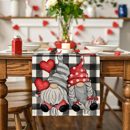 Artoid Mode Watercolor Buffalo Plaid Hearts Gnomes Love Valentine's Table Runner, Seasonal Anniversary Wedding HoliKitchen Dining Table Decoration for Indoor Outdoor Home Decor 13 x 120 Inch