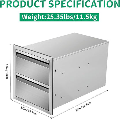 Outdoor Kitchen Drawers 14" W x 15" H x 23" D Stainless Steel Double Drawers with Hidden Handle for BBQ Island, Patio Grill Station & Outdoor Kitchen Cabinets