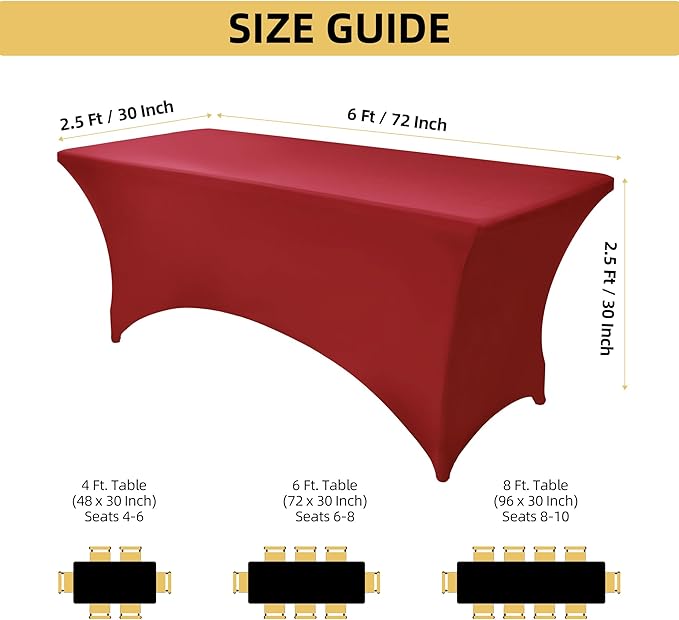 6-Pack 6ft Spandex Table Covers for Rectangle Standard Folding Tables - Wrinkle Resistant Stretch Tablecloths - Ultimate Fitted Table Protector for Parties, Trade Shows, Wedding