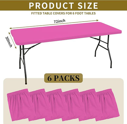 6 Pack Fitted Tablecloth for 6 Foot Rectangle Tables, Hot Pink Elastic Outdoor Picnic Table Cover, Washable Stretch Folding Table Cloths 6 ft for Camping Party Patio Kitchen Banquet, 30" W x 72" L