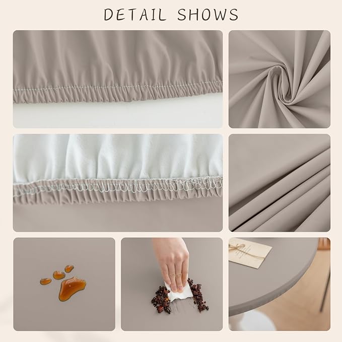 Round Fitted PU Tablecloth with High Elastic Edge 43 Inch Dia Waterproof Oil Proof Table Cloth Anti-Scald Stain-Resistant Wipeable Table Cover for Indoor Outdoor Picnic (Grey,43" Dia)