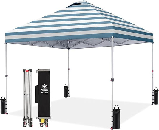 CROWN SHADES 10x10 Pop Up Canopy - Beach Tent with One Push Setup - Easy Outdoor Sun Shade for Events, Parties, Camping - Gazebo with STO-N-Go Cover Bag, Silver Coated Top, Cyan Blue Stripes