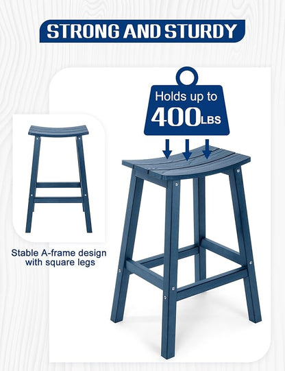 Weatherproof Bar Stools Set of 4, 28" Height Outdoor Bar Stools Holds up to 400 lbs, Saddle Seat, Bar Height Stools for Patio, Garden, and Kitchen Island, Blue