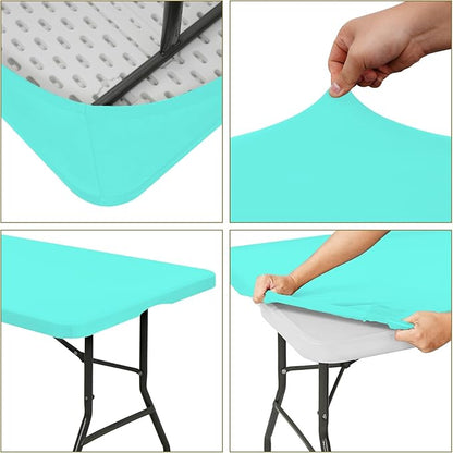 6 Pack Fitted Tablecloth for 6 Foot Rectangle Tables, Aqua Blue Elastic Outdoor Picnic Table Cover, Washable Stretch Folding Table Cloths 6 ft for Camping Party Patio Kitchen Banquet, 30" W x 72" L