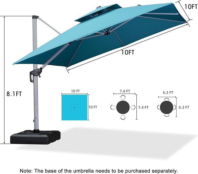 PURPLE LEAF Cantilever Patio Umbrellas 10' x 10' Double Top, Turquoise Blue | - Image 9