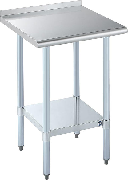 ROCKPOINT Stainless Steel Table for Prep & Work with Backsplash 24x24 Inches, NSF Metal Commercial Kitchen Heavy Duty Table with Adjustable Under Shelf and Table Foot for Restaurant, Home and Hotel