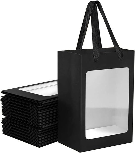 6 Pcs Black Paper Gift Bags with Transparent Window, 9.84"x7.0"x5.12" Kraft Shopping Bags with Handles for Bouquet Christmas Birthdays Festivals Party Weddings Wrapping