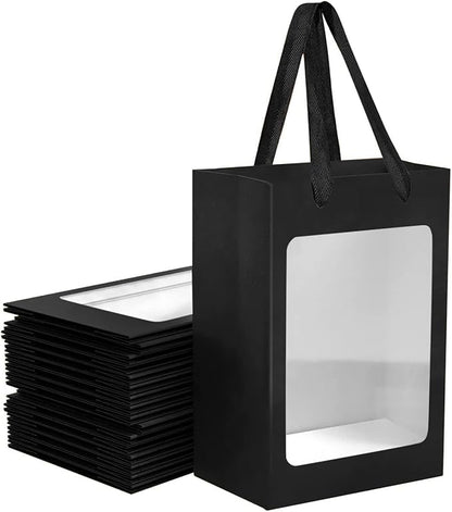 BallHull 24 Pcs Black Kraft Paper Gift Bags with Transparent Window, 9.84"x7.0"x5.12" Kraft Shopping Bags with Handles for Bouquet Christmas Birthdays Festivals Party Weddings Wrapping