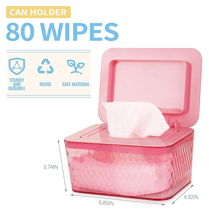 Wipes Dispenser, One-Handed Operation Wipe Holder for Baby & Adult, Seal-Designed Wipes Container for Bathroom Keep Diaper Wipes Fresh (2 Pack Pink)