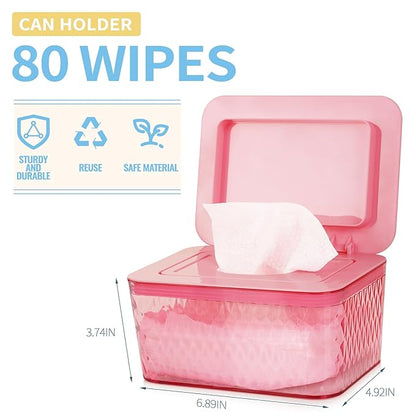Wipes Dispenser, One-Handed Operation Wipe Holder for Baby & Adult, Seal-Designed Wipes Container for Bathroom Keep Diaper Wipes Fresh (2 Pack Pink)