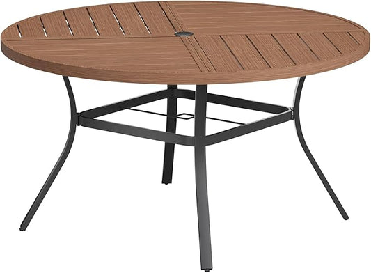 VICLLAX Round Patio Table with Adjustable Umbrella Hole for 8, All Weather Metal Outdoor Dining Table for Lawn Garden, 53.1" Outdoor Coffee Table, Walnut Wood-Like Tabletop
