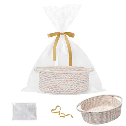 Gift Basket with Gift Bag and Ribbons,Small Rope Woven Shelf Storage,Baskets for Gifts Empty,Birthday,Baby Shower,Decorative Organizer Box with Handles(Colorful Thread)