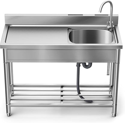 Stainless Steel Sink, Free Standing Kitchen Sink with Countertop Workstation, Utility Sinks Single Bowl with Cold and Hot Water Pipe Indoor Outdoor (47 Inch)