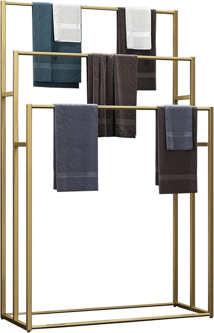 3 Tier Standing Towel Rack - Extra Wide Large Bathroom Towel Stand, Heavy-Duty Metal Towel Drying Rack for Poolside (Golden)