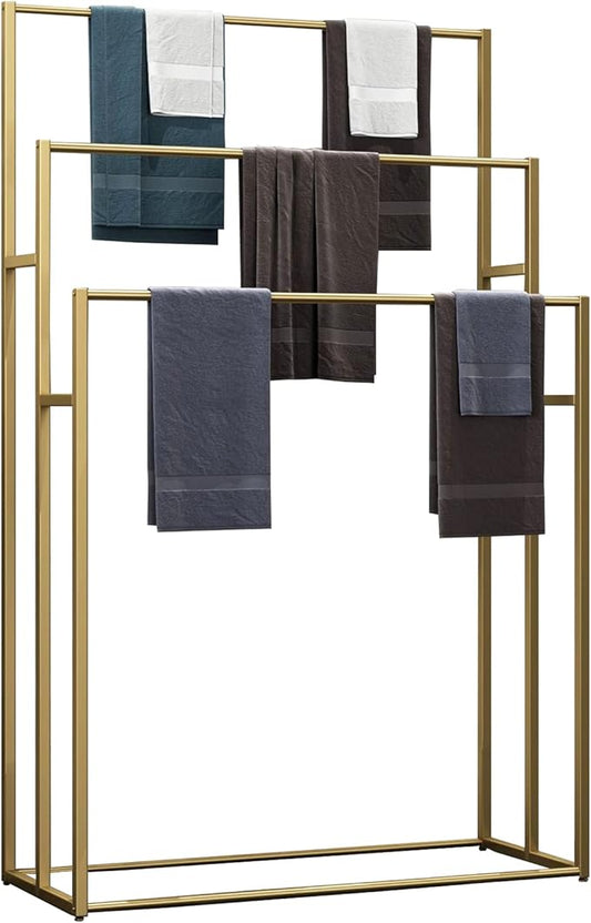 3 Tier Standing Towel Rack - Extra Wide Large Bathroom Towel Stand, Heavy-Duty Metal Towel Drying Rack for Poolside (Golden)
