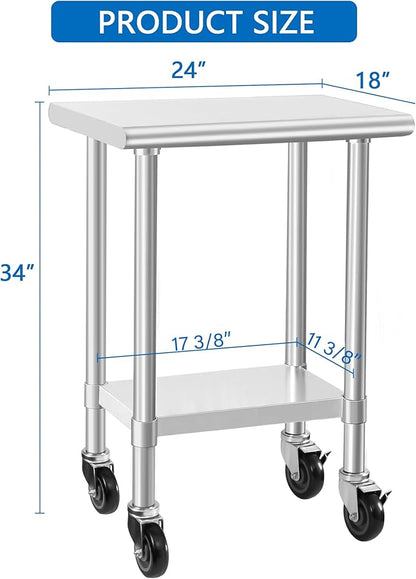 HARDURA Stainless Steel Commercial Table Prep & Work Table with Casters Heavy Duty Metal Table with Wheels NSF 430 18×24 Inches