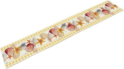 Coastal Table Runners, Yellow Plaid Buffalo Nautical Ocean Starfish Coral Seashell Pearl Beach Summer Coffee Table Center Decor for Family Wedding Holiday Party Farmhouse Table Decorations, 13" X 36"