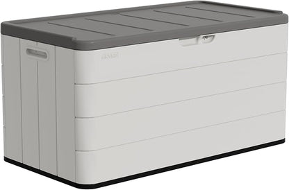 100 Gallon Plus Resin Deck Box, Waterproof Outdoor Storage Box for Patio Furniture, Garden Tools, and Pool Accessories, Lockable UV-Resistant Storage Bin Bench Cabinet for Outside, White