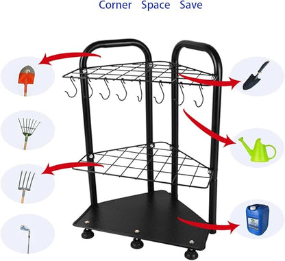 Garden Tool Organizer Rack, Garage Yard Tool Storage and Organization,2-Tier Metal Stand with Hooks, Black