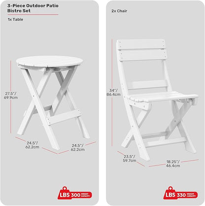 Costaelm Paradise 3-Piece Outdoor HDPE Folding Patio Bistro Table and Chairs, White