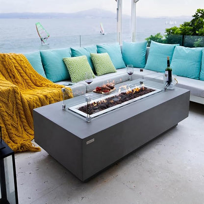 Elementi Granville Fire Pit Bundle Outdoor Firepit Set Includes 60” Natural Gas Concrete Firepit Table, Glass Windscreen, Stainless Steel Cover, Canvas Cover, Floor Mat, and Beverage Tub