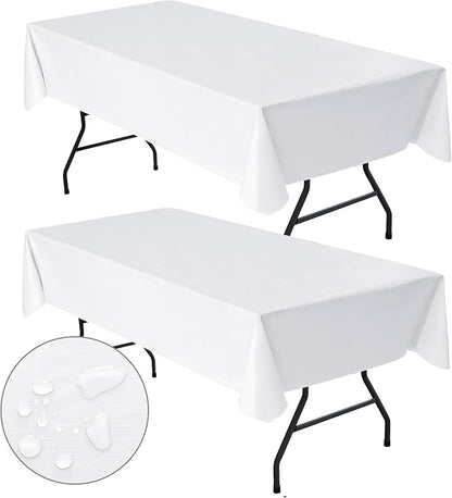 Nasitos 2 Pack White Table Cloth Rectangle 60x84''-4Ft Waterproof Plastic Table Cover Flannel Backing, Wipeable Spillproof White Table Cover Disposable for Resistant, (PEZB2P-6084-white)