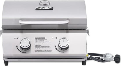 Monument Grills Tabletop Propane Gas Grill for Outdoor Portable Camping Cooking with Travel Locks, Stainless Steel High Lid, and Built in Thermometer