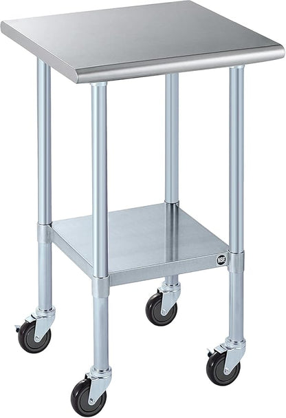 ROCKPOINT Stainless Steel Table for Prep & Work with Caster Wheels 24x24 Inches, NSF Metal Commercial Kitchen Heavy Duty Table with Adjustable Under Shelf and Table Foot for Restaurant, Home and Hotel