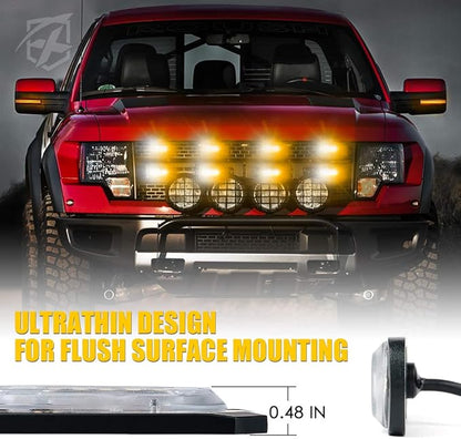 Xprite LED Surface Mount Strobe Lights Kit, White Amber Grill Grille Emergency Warning Flashing Marker Light Warning Light Assemblies for Trucks Vehicles ATV RV Cars Van - 8PCS
