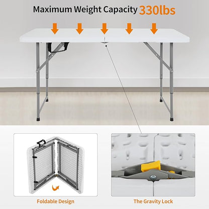BestOffice Camping Folding 4 Foot Plastic Table, White